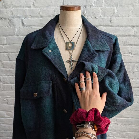 90s Vintage Green Plaid Wool Coat Utility Chore Jacket Oversize Flannel Large - Picture 2 of 9